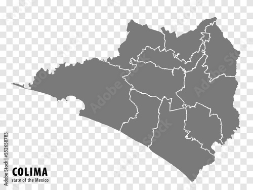 State Colima of Mexico map on transparent background. Blank map of Colima with regions in gray for your web site design, logo, app, UI. Mexico. EPS10.
