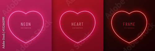 Set of neon light heart shape frame design on red, pink, black background. Elements valentine day festival design. Collection of geometric backdrop for product display in top view scene. Vector EPS10.