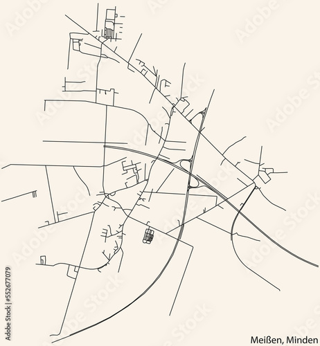 Detailed navigation black lines urban street roads map of the MEISSEN QUARTER of the German town of MINDEN, Germany on vintage beige background