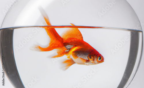 Złota rybka w akwarium na białym tle.