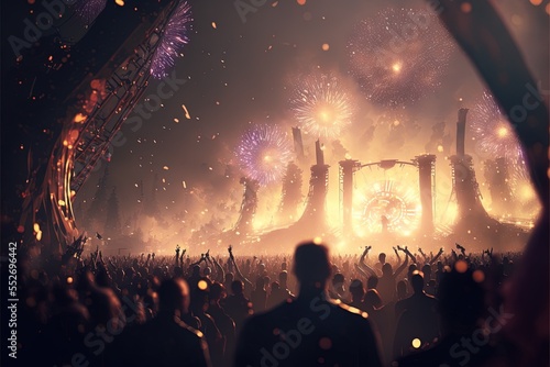 Festival Mainstage von großem fiktivem EDM Event mit Feuerwerk, Feuer, Konfetti und Crowd, 3D Rendering