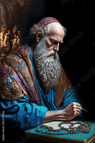 Illustration of old man with long white beard writing a letter depicting the apostle St. Paul, created with Generative AI technology