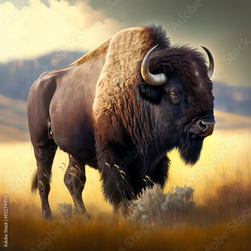 Illustration of a buffalo on the plains, American bison, Majestic Animal