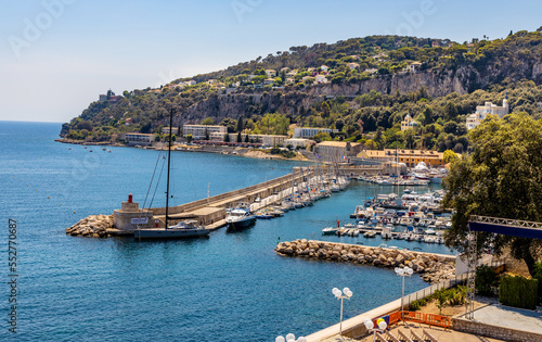 Panoramic view of harbor and yacht marina offshore Azure Cost of Mediterranean Sea in Villefranche-sur-Mer resort town in France
