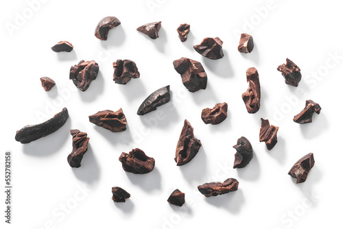 Cacao nibs, a pieces of broken cocoa beans isolated png, top view