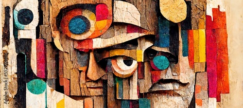 Abstract colorful Portrait of Human face on wood bark. Bold Brush. Generative AI 