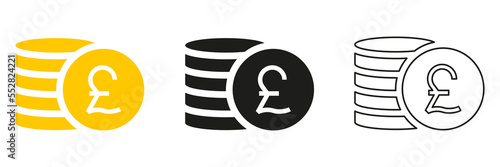 Pound sterling coins stack icon set. British money silhouette symbol collection. Business payment concept. Vector isolated on white.
