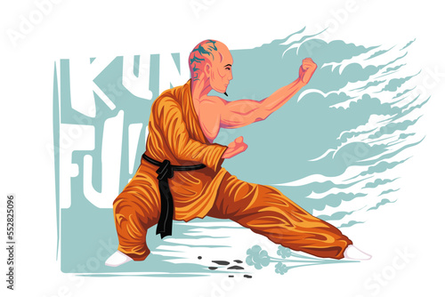 Chinese vector shaolin monk in kung fu pose, wearing an orange traditional dress .Kung fu fighter vector illustration