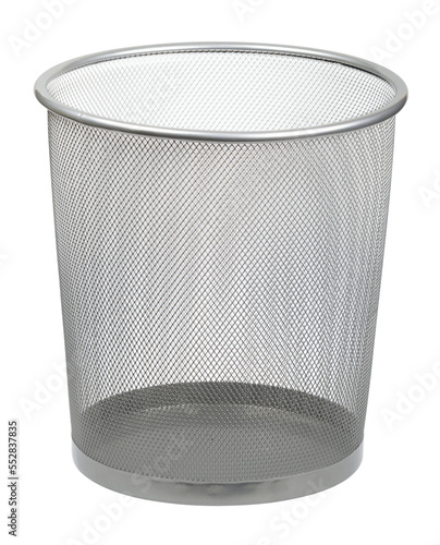 Empty metallic mesh trash bin, PNG isolated on transparent background 