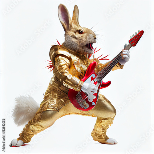 Rocking Out Golden Rabbit Partying with Red Electric Guitar. Generative ai 