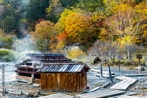 Old wooden onsen bath houses spa buildings in Nikko Japan