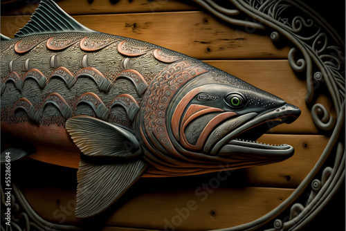Intricate details on a chinook salmon trophy mounted on a wall. Created with generative AI software.