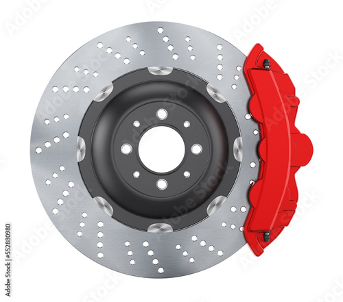 Car brake disc and red caliper on transparent background.