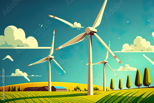 Wind turbines in the background of a clear summer day. Generative AI