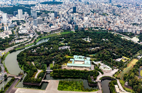 Aerial view of the Imperial Palace and gardens in Chiyoda, Tokyo, Japan