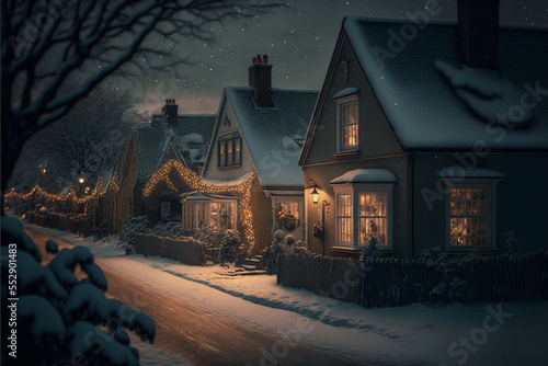 Małe, wiejskie domki zimą, stojące przy drodze