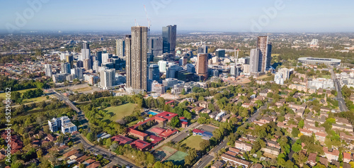 Panoramic aerial drone view of Parramatta CBD in Greater Western Sydney, NSW, Australia showing development of the city as at December 2022