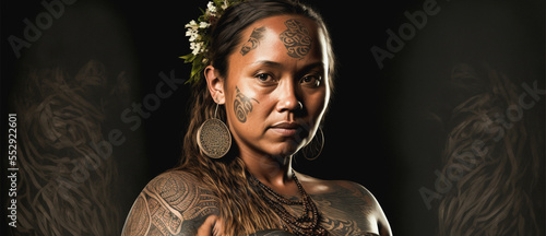 Portrait of a Polynesian woman from an island in the South Pacific. She has tattoos on her face. Created with generative AI. 