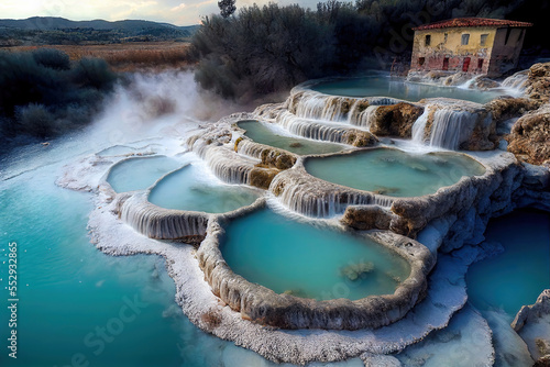 Generative AI : a natural spa with waterfalls and hot springs at Saturnia thermal baths, Grosseto, Tuscany, Italy 