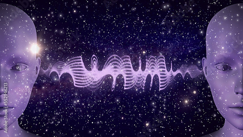 Two humans on a cosmic background, with a soundwaves between their ears, 3D illustration, Cover Image, Thumbnail