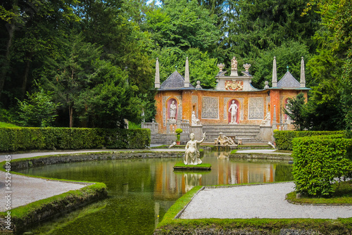 Pond in Hellbrunn Palace, an early Baroque villa of palatial size, near Morzg, a southern district of the city of Salzburg, Austria.