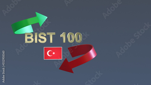 Inscription in gold letters "BIST 100" and the Turkey flag surrounded by a red and green arrows on a neutral background. 3D rendering. Stock market concept