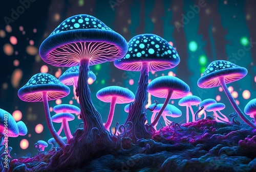 Glowing spotted fluorescent mushrooms, mystic luminescent forest, psychedelic colors