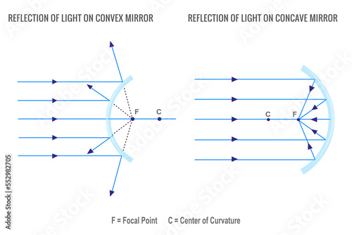 Reflection of light on concave mirror and Convex mirror