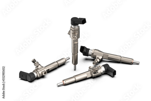 Set of fuel injectors. Diesel car engine injector on white background