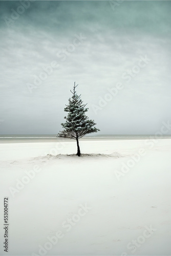 A Winter white snowy landscape with a conifer tree on soft snow. A minimal holiday concept, the illustrated Christmas tree in the middle of nowhere is waiting to be decorated. Generative AI.
