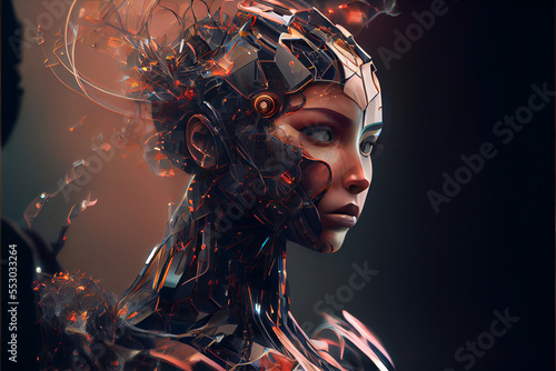 Portrait of a female cyborg robot. Concept for Artififial Intelligence. Designed using Generative AI