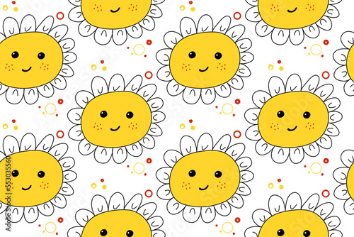 Cartoon daisy flowers seamless pattern. Cute chamomile character with face. Funny childish pattern. Vector illustration