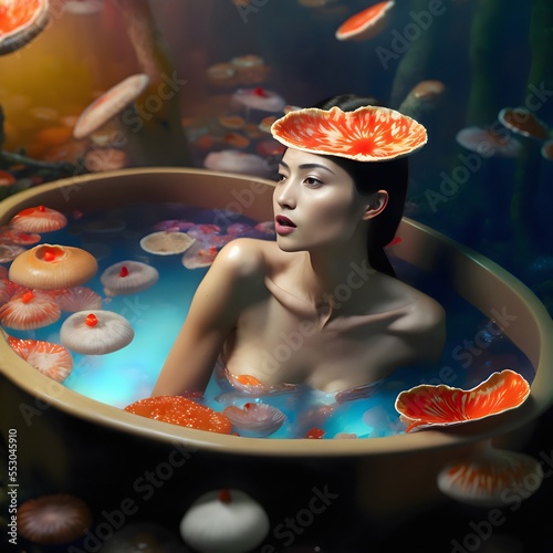 Beautiful Asian woman takes a psilocybin bath during her mushroom trip surrounded by a magical forest. A beautiful fairy-tale setting. Hallucinogenic visualization. Generative AI illustration.