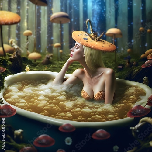 Beautiful blond woman takes a psilocybin bath during her mushroom trip surrounded by a magical forest. A beautiful fairy-tale setting. Hallucinogenic visualization. Generative AI illustration.