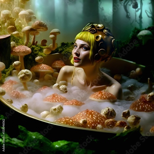 Beautiful blond woman takes a psilocybin bath during her mushroom trip surrounded by a magical forest. A beautiful fairy-tale setting. Hallucinogenic visualization. Generative AI illustration.
