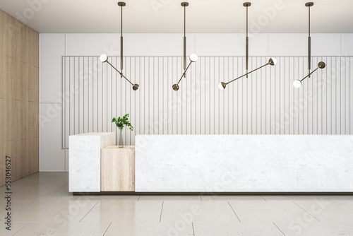 Front view on blank marble reception desk with place for your logo and flower in stylish spacious office hall with modern lamps, ceramic tiles floor and light wall background. 3D rendering, mock up