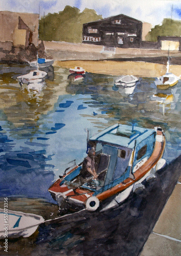 Aquarelle d'un bateau à moteur dont le pêcheur remorque un canot dans le port de la tour Solidor à St Malo en Bretagne