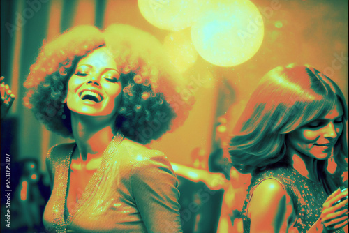 Pretty women retro style dancing at a vintage 1970 disco party. Created with generative AI. 