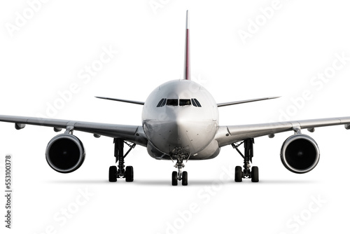 Front view of wide body passenger airplane isolated on transparent background