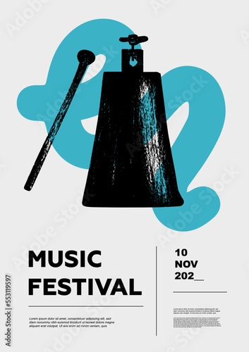 Cowbell. Music festival poster. Percussion musical instruments. Competition. A set of vector illustrations. Minimalistic design. Banner, flyer, cover, print.