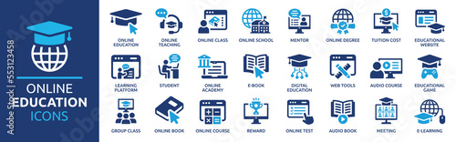 Online education icon set. Containing video tuition, e-learning, online course, audio course, educational website and digital education icons. Solid icon collection.