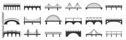 Bridge silhouette. Abstract footbridge constructions with stone metal girders, industrial urban architecture building black icons. Vector isolated set