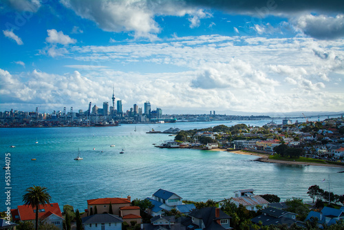Looking over Auckland Harbour and a skyline of Auckland CBD from a historical suburb of Devonport. North Island, New Zealand