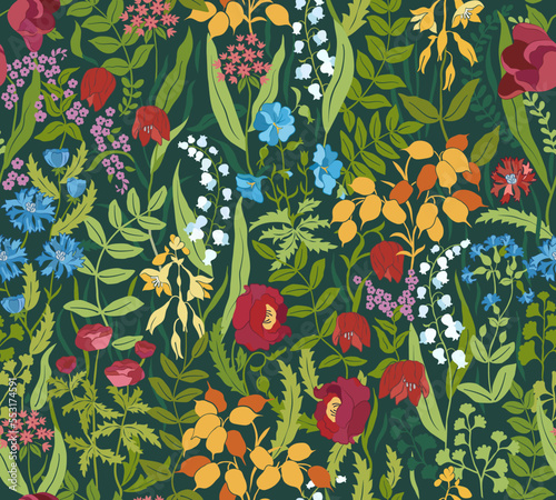 Wildflowers on dark green background seamless pattern. Vector illustration.