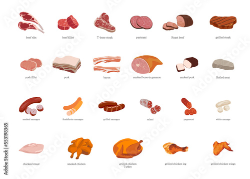 Meat Vector Illustration Set. Beef, pork and chicken meat.