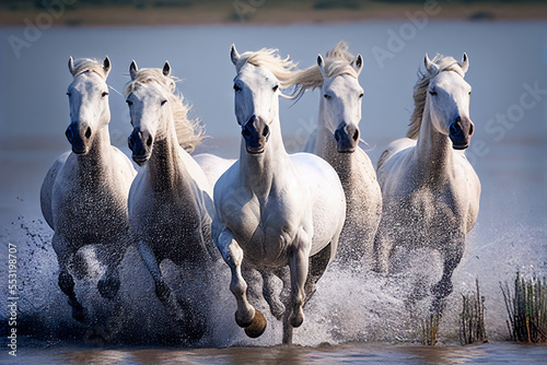 white horses running and splashing on water