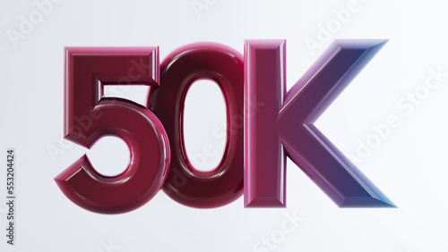3D render of colored fifty thousand 50K isolated on white background, 50k or 50000 followers thank you.
