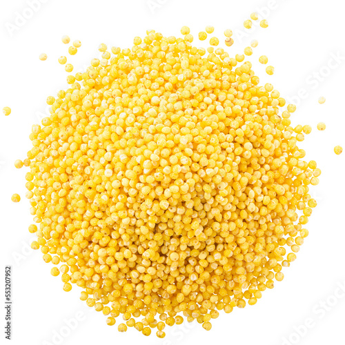 Pile of polished proso millet (Panicum miliaceum seeds), isolated, top view png