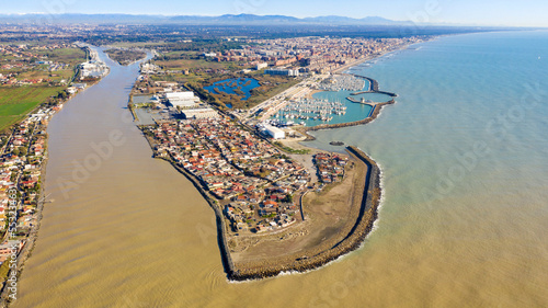 Aerial view on Ostia marina and the Tiber River estuary in the Tyrrhenian Sea. It is located in the municipality of Fiumicino near Rome, Italy.