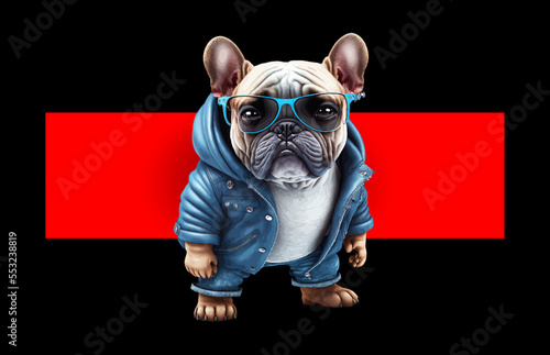 A boxer dog is standing in a blue jacket and sunglasses. Vector illustrator